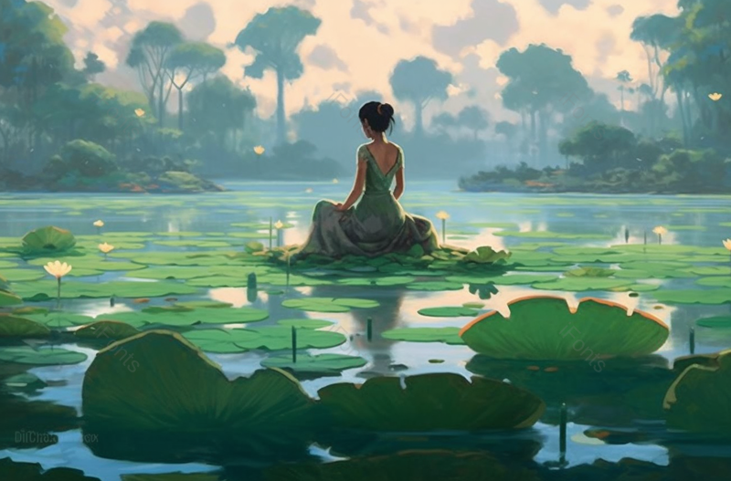背影美丽女人水中沉思荷花绽放盛开荷叶植物户外唯美插画,插画/手绘图,插画/手绘图库,插画/手绘图下载,插画/手绘